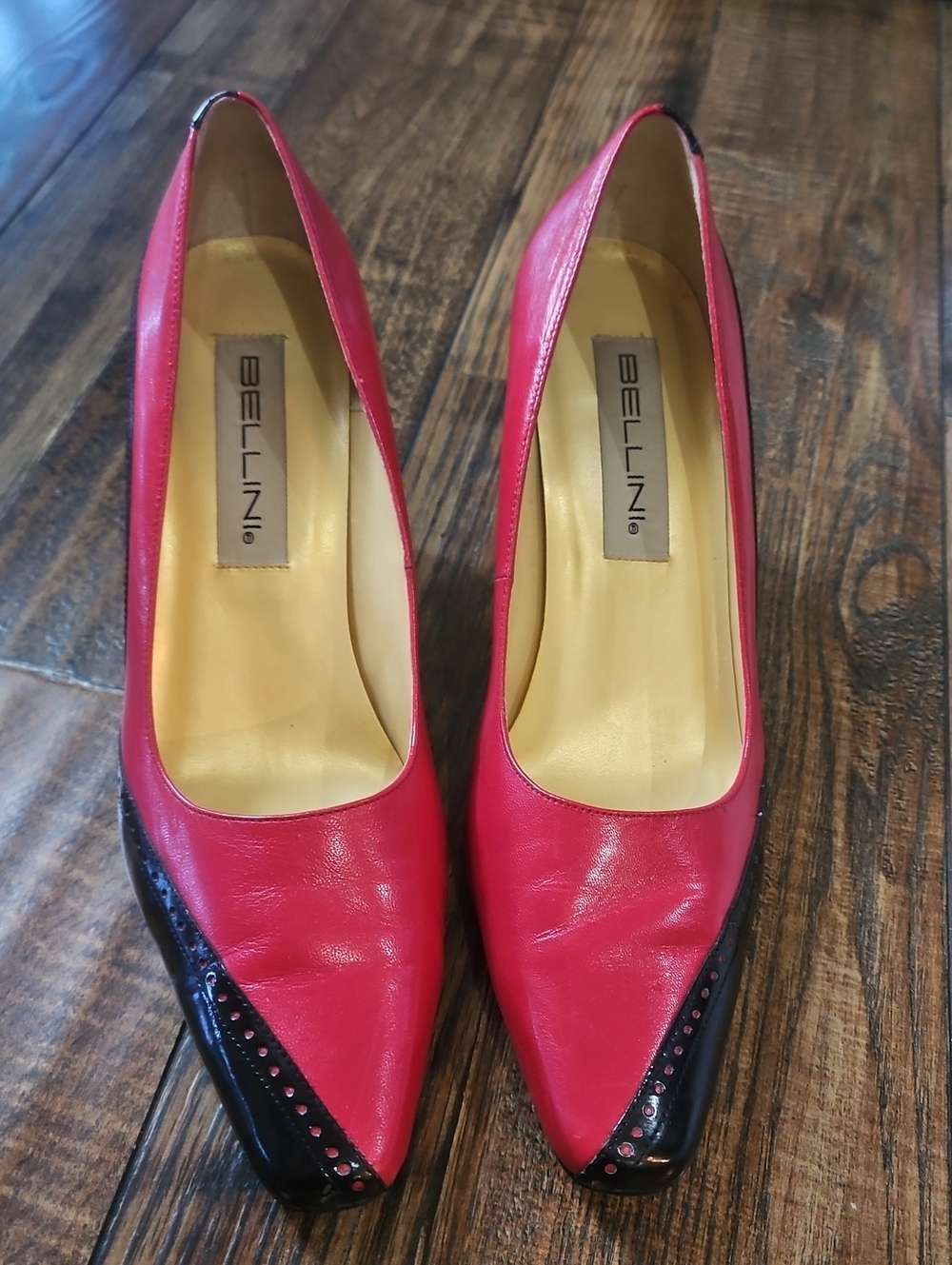 Italian Made Bellini Corky Women’s Two-Tone Red and Black Pointed-Toe Heels